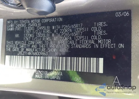 2006 Toyota 4Runner Sr5 V8 из США, поврежденный, VIN JTEZT14R768009863